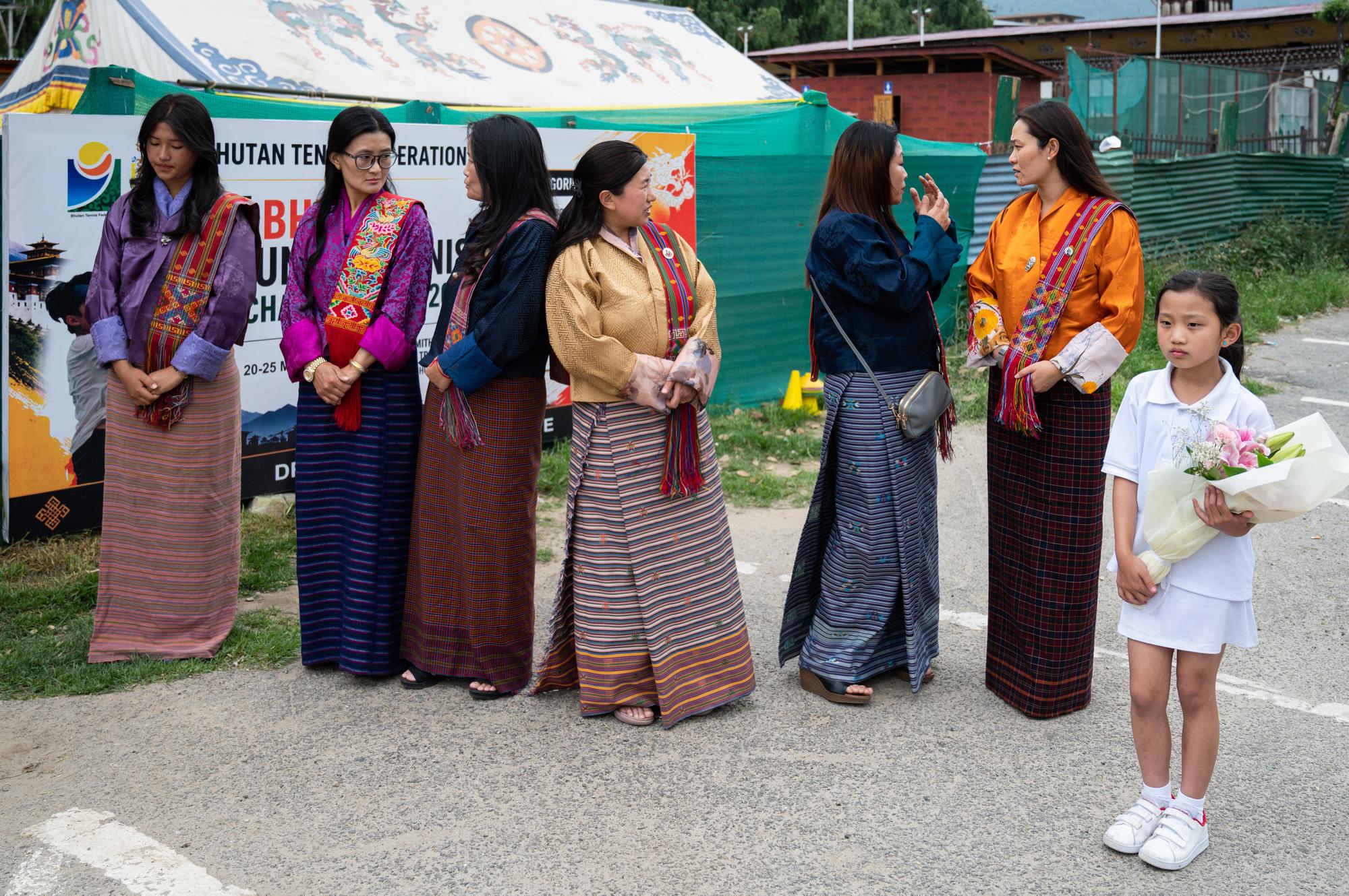 Prize giving at the junior championship, with guests in Bhutanese national dress